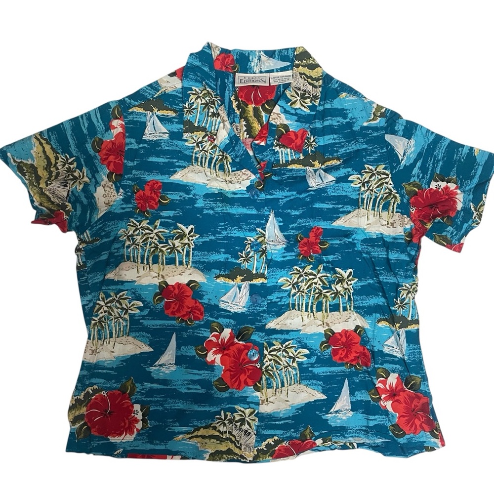 Vintage Basic Editions Tropical Hawaiian Shirt Red Flowers Blue Ocean Large Boat